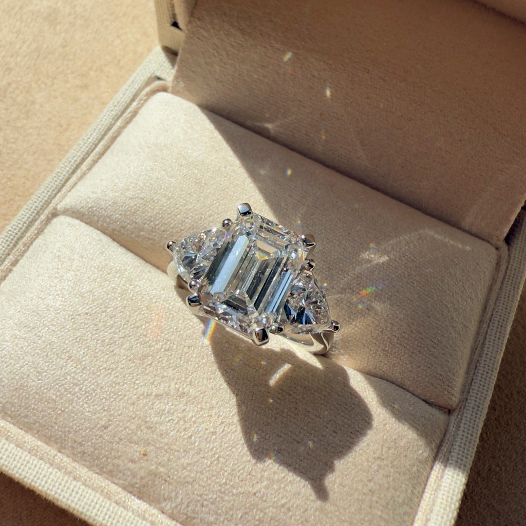 Anais Emerald Cut Trilogy Ring Yellow Gold White Gold Platinum 